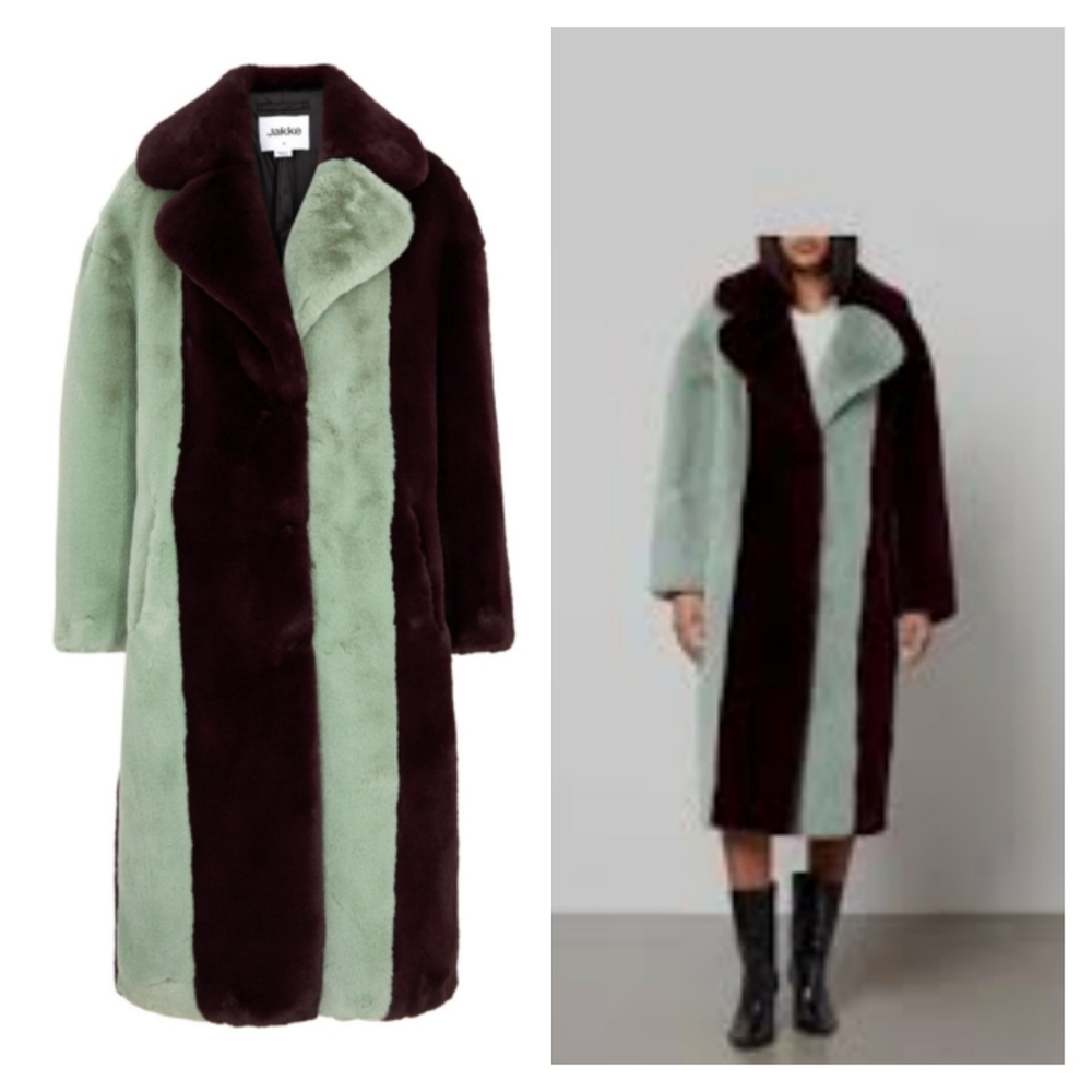 Jakke Katie Striped Faux‎ Fur Long Coat Burgundy And Mint Stripe Msrp $799